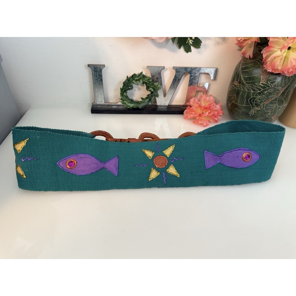 80s Hand Painted 3"‎ Waist Belt Teal Fish Multi Handmade Leather Buckle M/L 30" - Picture 14 of 16
